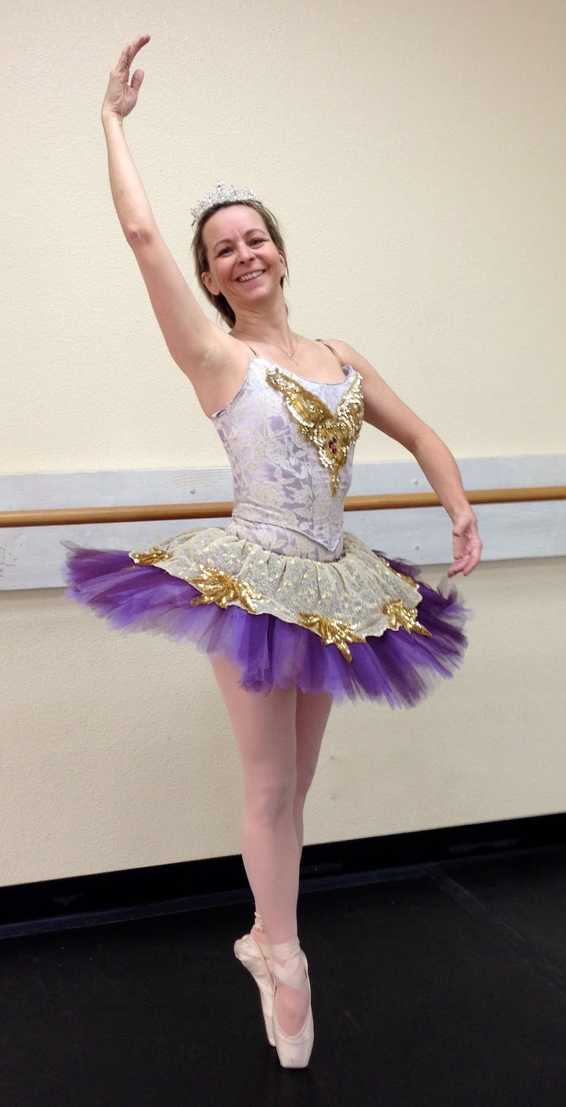Auburn Ballet MILF wearing White Opaque Pantyhose and Purple Tutu Dress